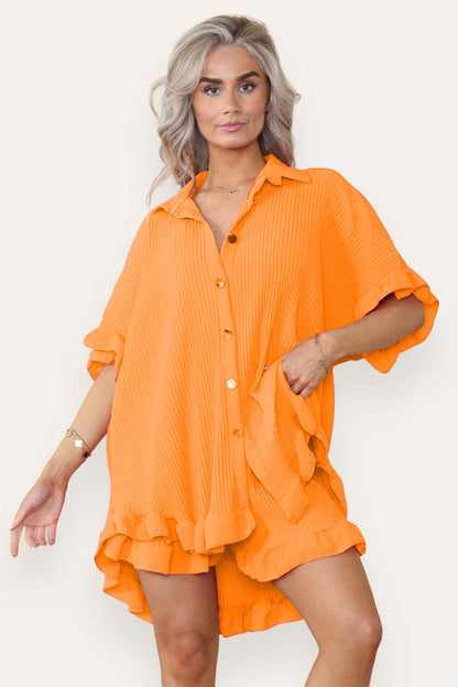 Women Casual Oversized Gold Button Pleated Frilled Ruffle Short Sleeves Shirt Top And Short Co Ord Set