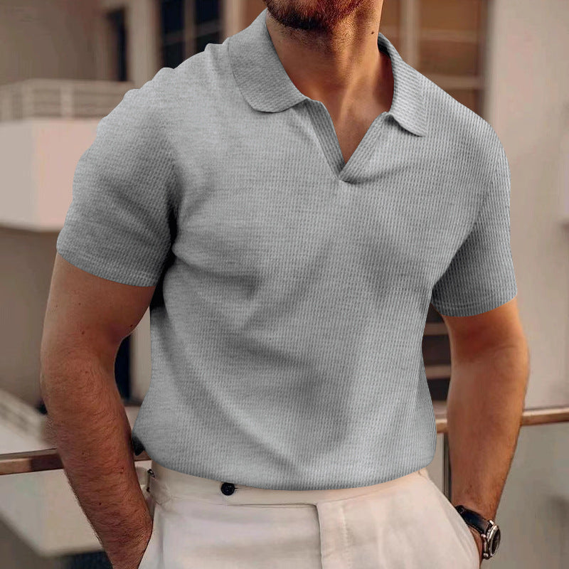 INS Waffle Lapel Short-sleeved T-shirt Summer Fashion Solid Color V-neck Polo Shirt Tops Men's Clothing