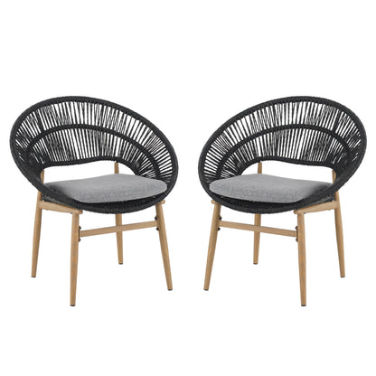 Cyril Outdoor Wicker Papasan Style Dining Chair, Teak Finished Leg And Dark Gray Faux Rattan, Gray Cushion, Set Of 2