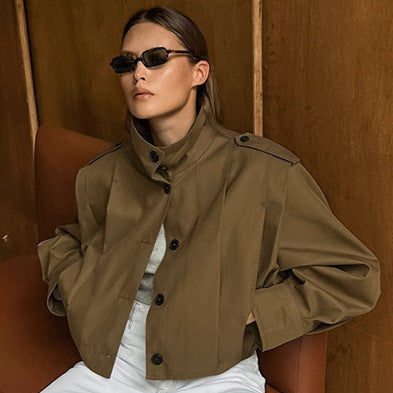 Khaki Lapel Simple Single-breasted Coat