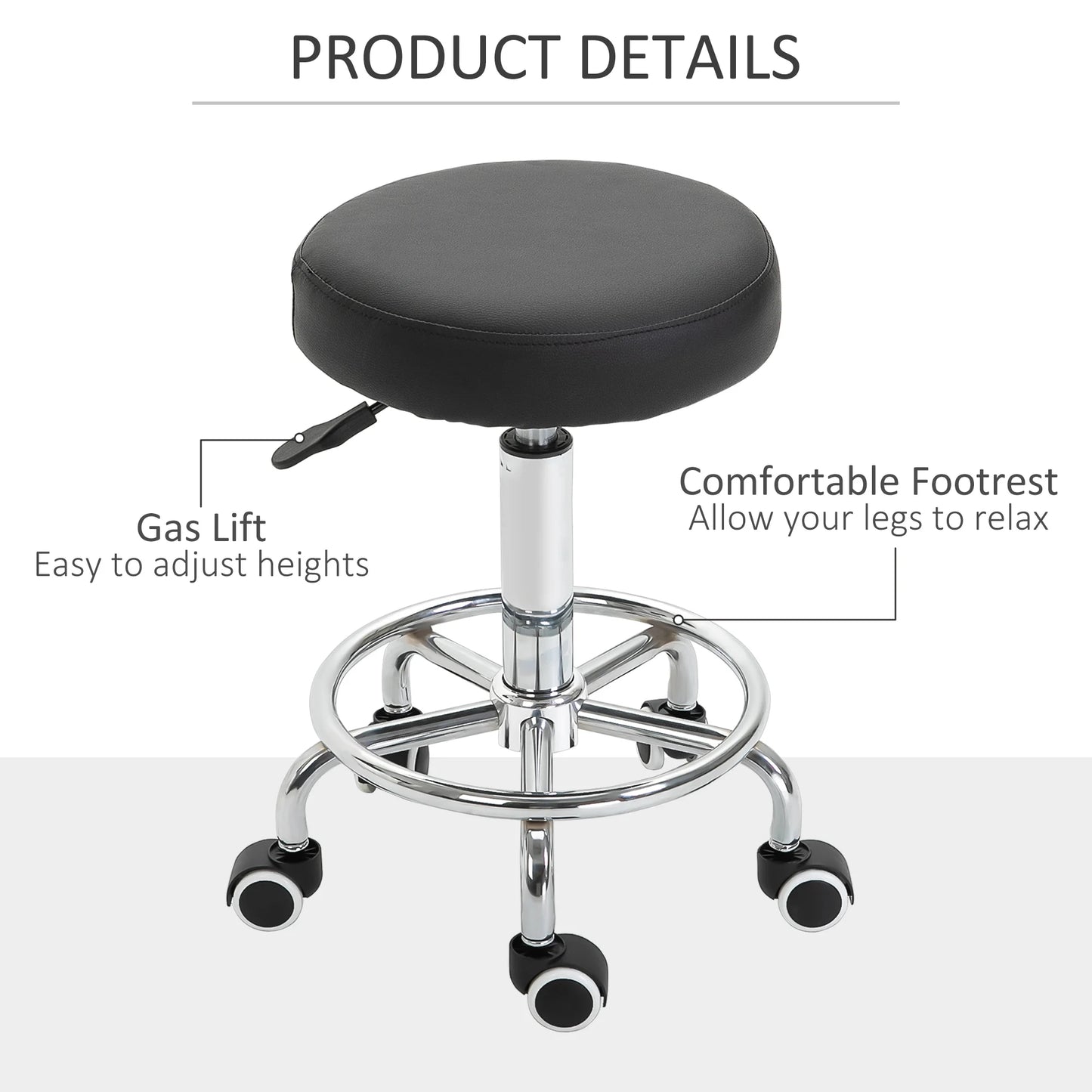 Vinsetto Round PU leather Salon Beautician Stool Adjustable Height w/ Footrest