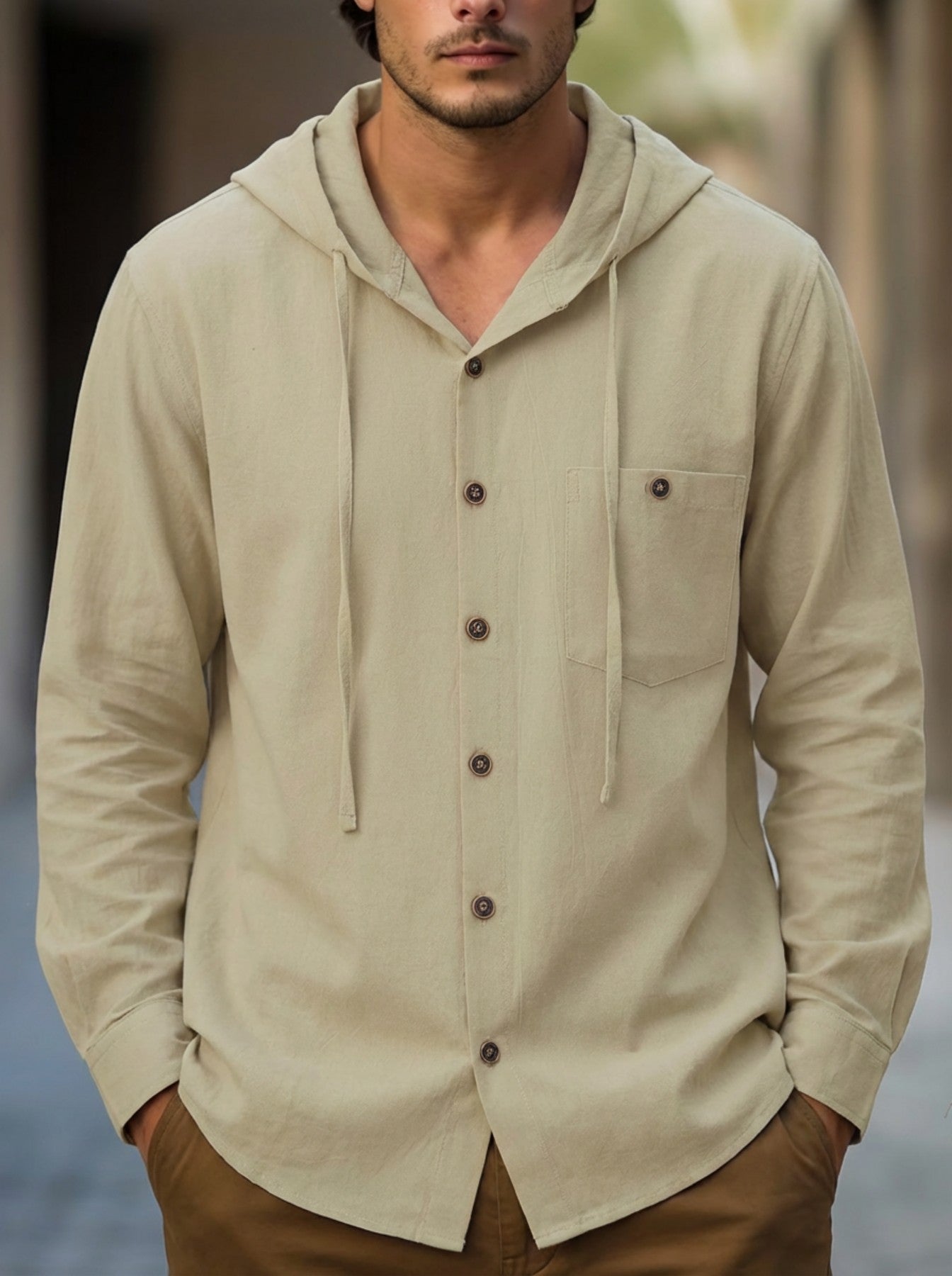 Men's Cotton-Linen Hooded-Pocket Casual Beach Long-Sleeve Shirt