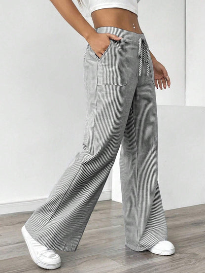New Striped Trousers With Pockets Casual Versatile Loose Wide Leg Pants Women's Clothing