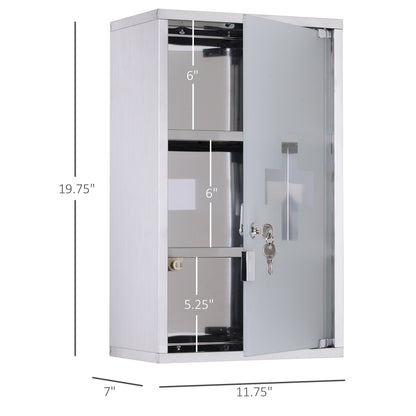 Medicine Cabinet Lockable 12x20, Stainless Steel, 3 Tier With Shelves For Bathroom Storage