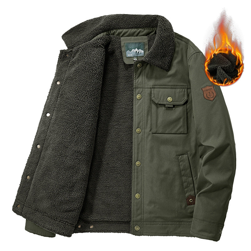 Washed Jacket For Men Fleece-lined And Thickened Lambswool Casual Style