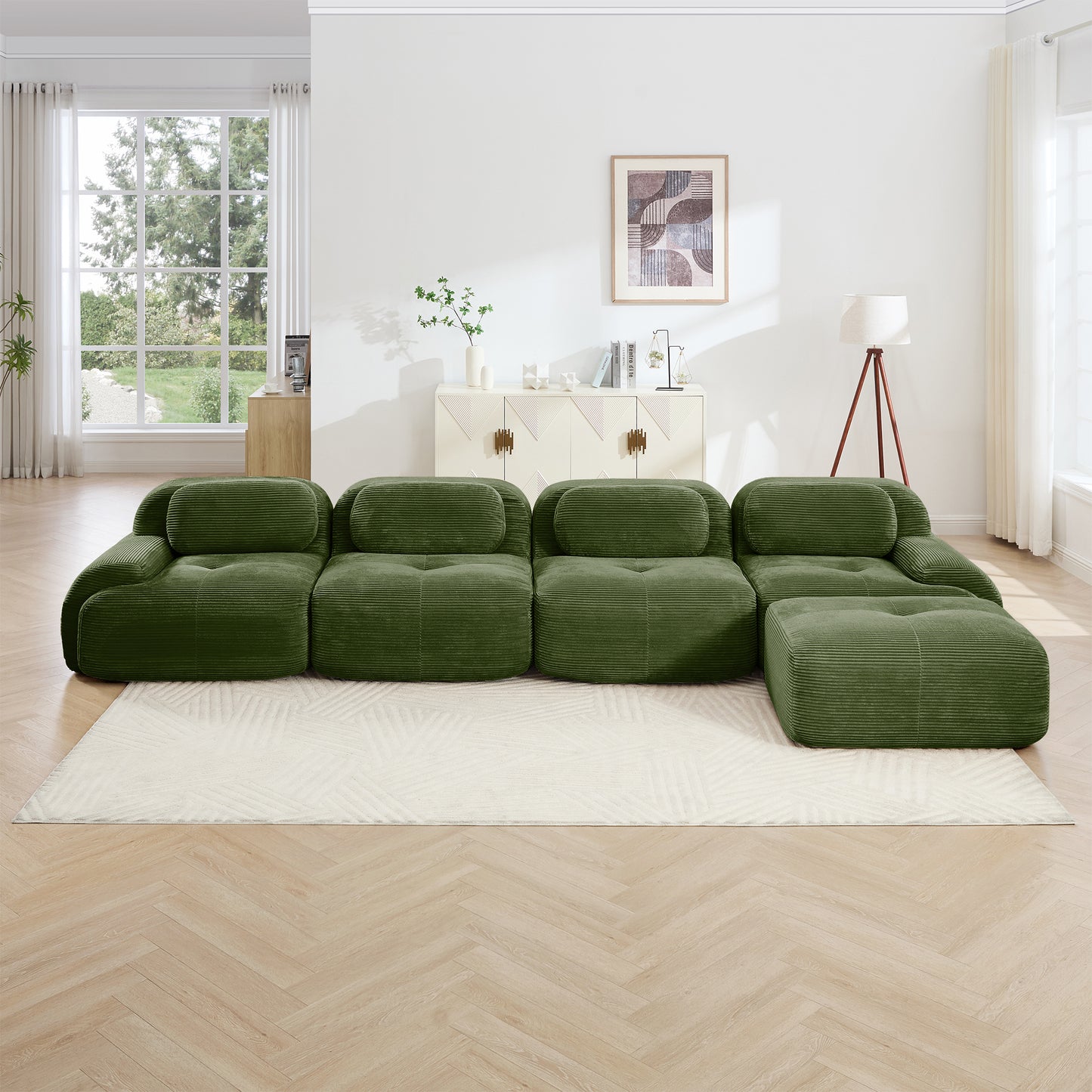 4-seat L-shaped Sofa 32D High-resilience Sponge Anti-slip Design Chaise Design Extra-wide Curved Armrests Multi-free Combination No Assembly For Studies Living Rooms Media Rooms,Olive Green