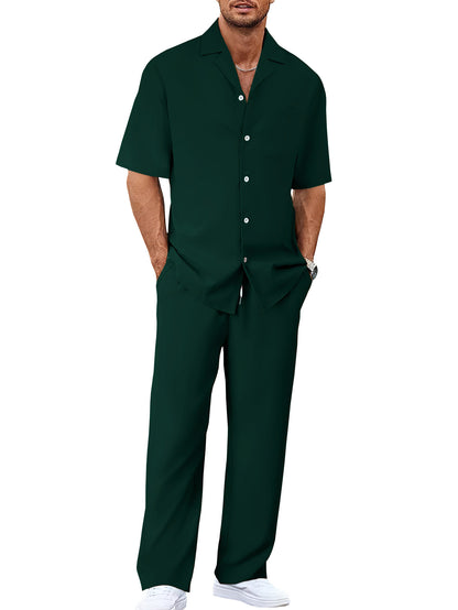 Men's Trousers Suit Fashion Lapel Button Short Sleeve Shirt And Pocket Straight Pants Clothing