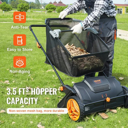 Push Lawn Sweeper, 21inch Leaf & Grass Collector, Strong Plastic Wheels & Heavy Duty Thickened Steel Durable To Use With Large Capacity 3.5 Cu. Ft. Mesh Collection Hopper Bag, 2 Spinning Brushes