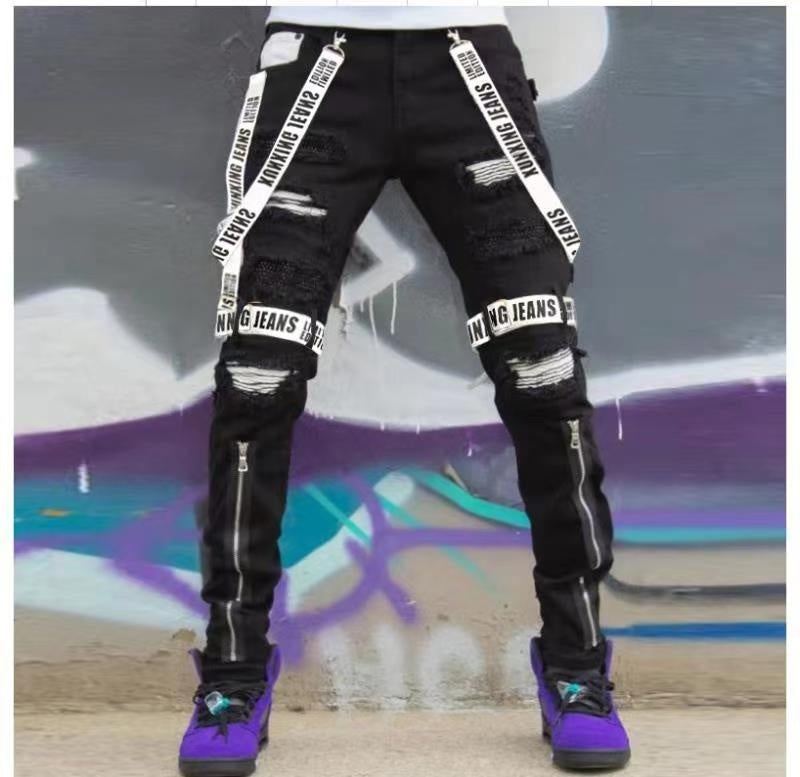 Ripped Slim-fit Mens Fashion Pants With A Zipper