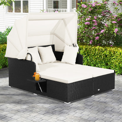 Patio Rattan Daybed With Retractable Canopy And Side Tables