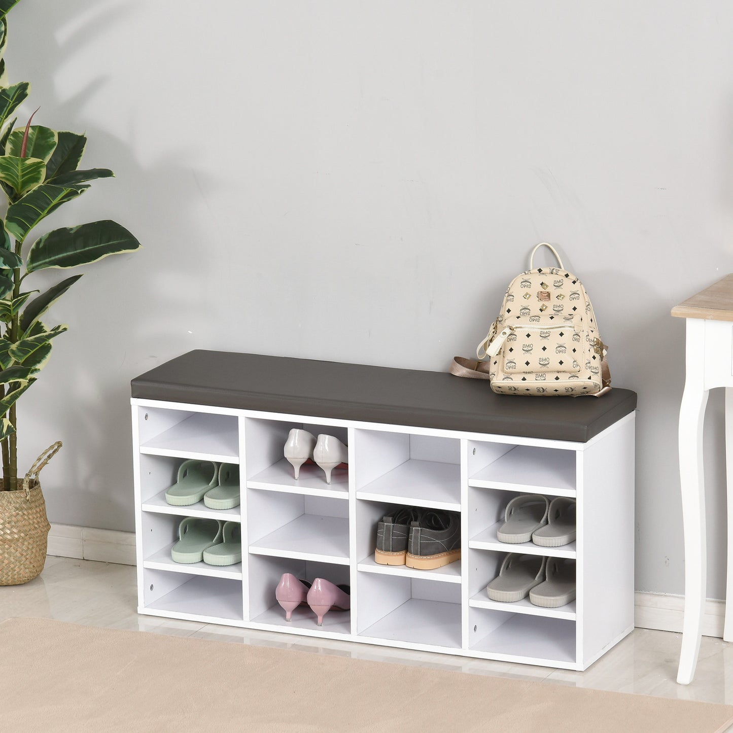Multi-Storage Shoe Rack W/ 14 Compartments Cushion Moving Shelves Solid Frame Foot Pads Home Office Tidy Organisation Boots Trainers White
