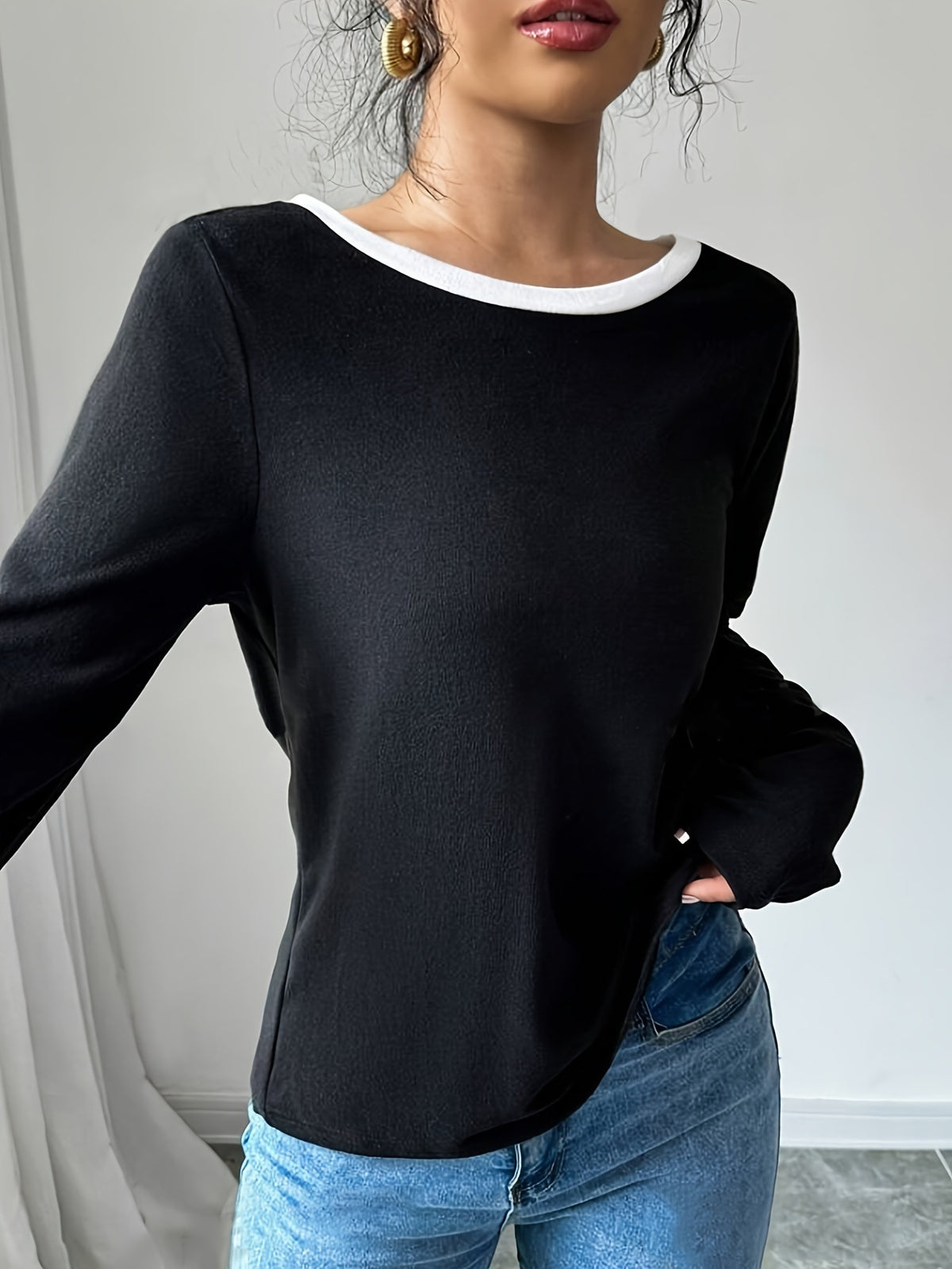 Women's Trendy Round Neck Two-Piece Illusionknit T-Shirt Full Sleeve Base Layer Top Crew Neck Design