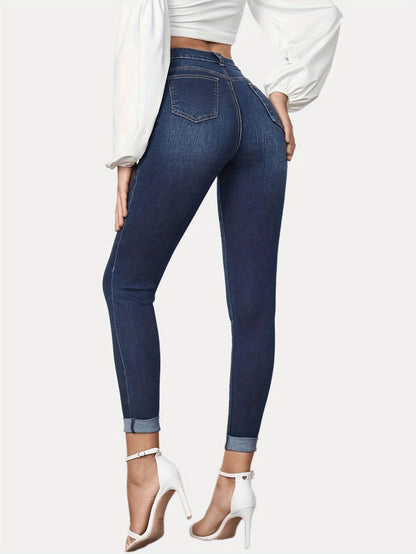 Contrast Color Slim Fit Stretch Rolled Hem Cropped Jeans