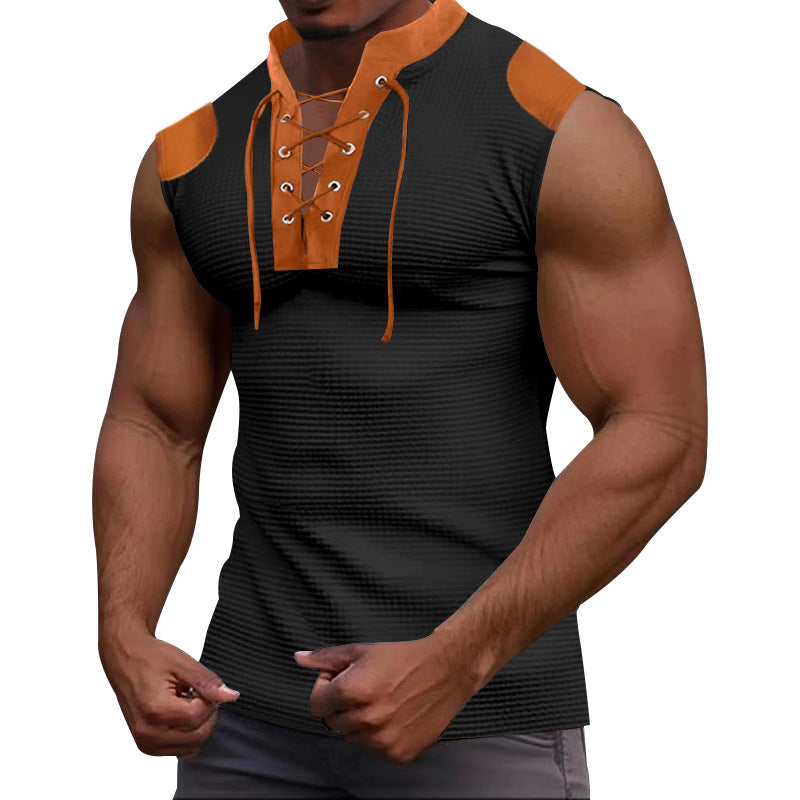 Casual Multicolor Lace-up V-neck Sleeveless T-shirt