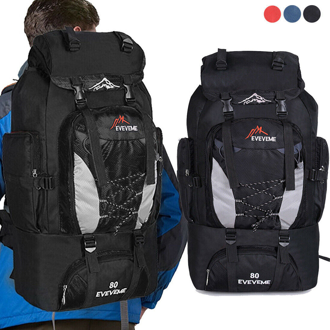80L Extra Large Hiking Camping Backpack Rucksack Waterproof Travel Luggage Bag Black