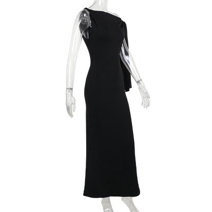 One-shoulder Ribbon Long Dress Ins Fashion Slim Sleeveless Dresses For Evening Party Club Clothing Women