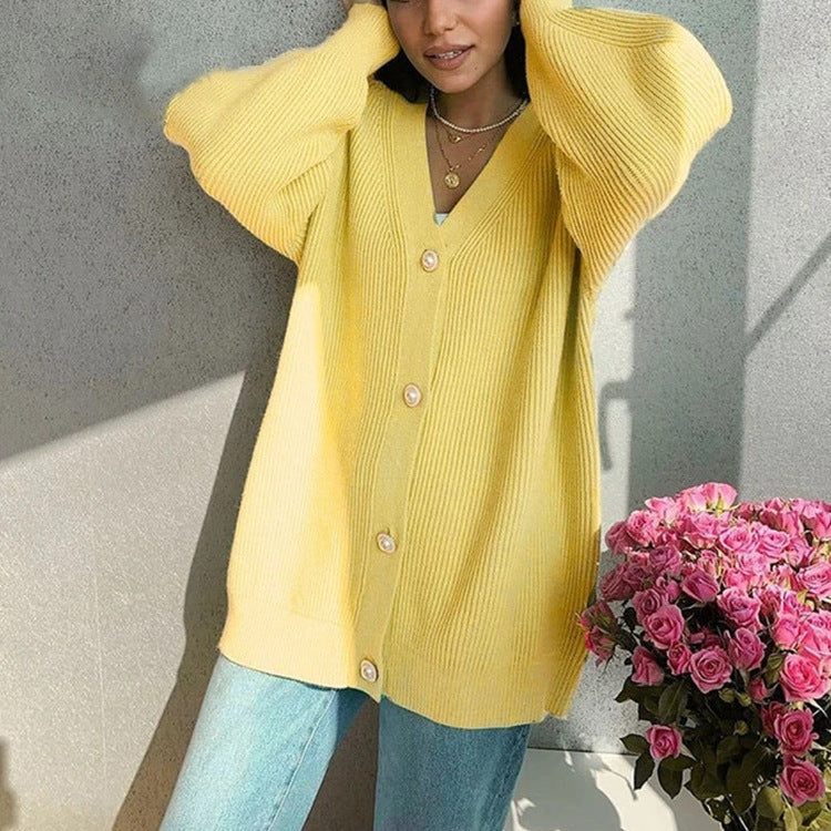 Solid Color Casual Cardigan Loose Knitted Breasted Cardigan