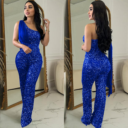Women's Solid Color Sleeveless One-shoulder Sequined Trousers Jumpsuit