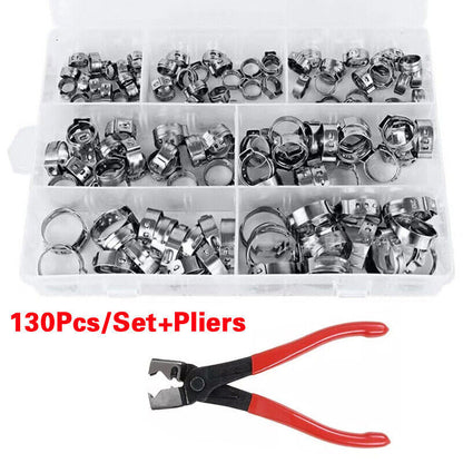 130x Single Ear Hose Clamps Assorted Stainless Steel O Fuel Pipe Clip Hose Plier