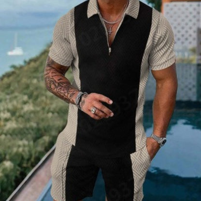 Men's Stripe Print Lapel Zipper Two-Piece Suit