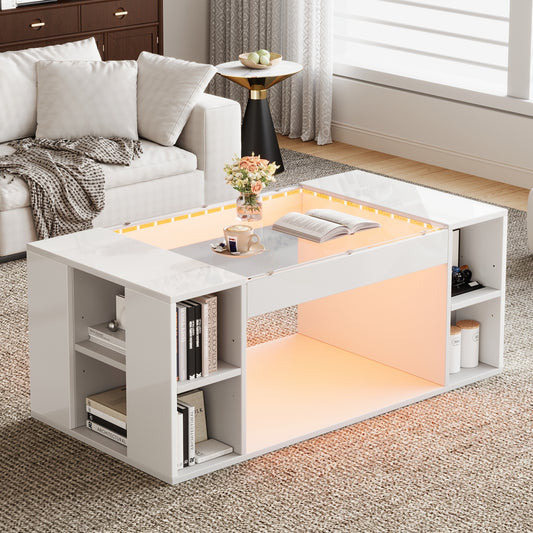 High Gloss Coffee Table With Open Storage, LED Lights, Centre Table With Glass Tabletop, Sofa Side Table, Coffee End Table For Living Room, Office, 100x50x40cm, White, MDF