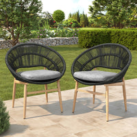 Cyril Outdoor Wicker Papasan Style Dining Chair, Teak Finished Leg And Dark Gray Faux Rattan, Gray Cushion, Set Of 2