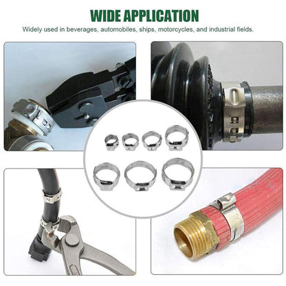 130x Single Ear Hose Clamps Assorted Stainless Steel O Fuel Pipe Clip Hose Plier