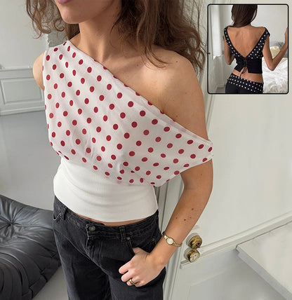 Polka Dots Print Oblique Shoulder Tops Summer Patchwork Chiffon Crop Top Women Sexy Sleeveless Lace Up Backless Blouse Casual Streetwear Tee