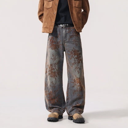 American-style Vintage Jacquard Flocking Embroidered Fleece-lined Jeans