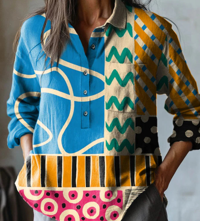 Casual Graffiti Print V-neck Single-button Long-sleeved Shirt