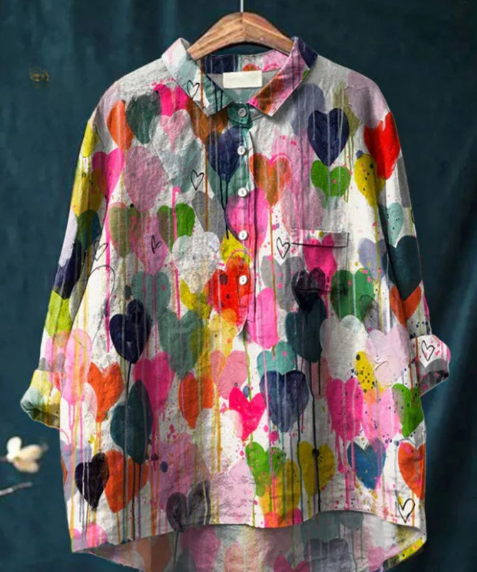 Casual Graffiti Print V-neck Single-button Long-sleeved Shirt