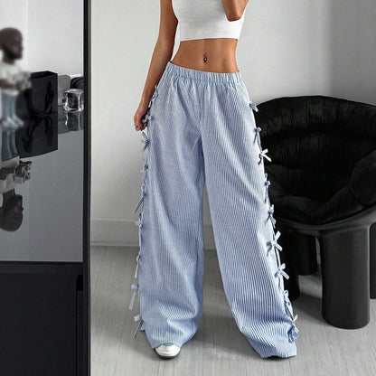 Waist Side Tie Bow Striped Wide Leg Pants