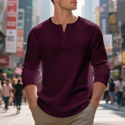 Men's Jacquard Small Plaid Button-Down Henry Long Sleeve