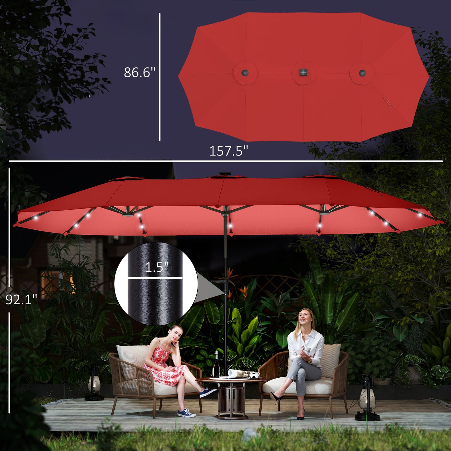 13ft Double-Sided Market Umbrella, Large Patio Umbrella with Solar Lights, Crank Handle for Garden, Pool, Yard, Wine Red