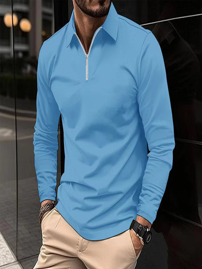 Zipper Men's Solid Color Long Sleeve Sports Polo Shirt