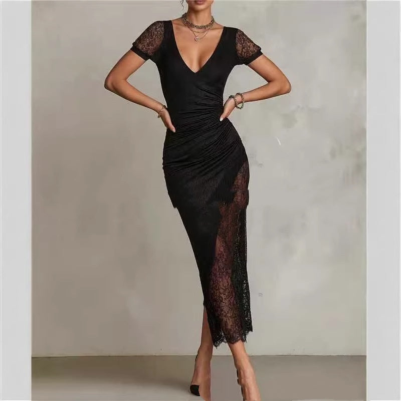 Lace Sheer Deep V-Neck Sexy Slim-Fit Fashionable Long Dress