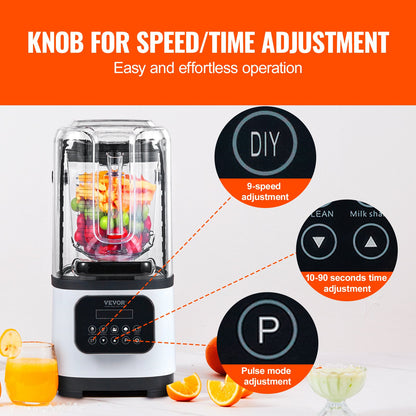 Professional Blender With Shield, Commercial Countertop Blenders, 68 Oz Jar Blender Combo, Stainless Steel 9 Speed & 5 Functions Blender, For Shakes, Smoothies, Peree, And Crush Ice, White