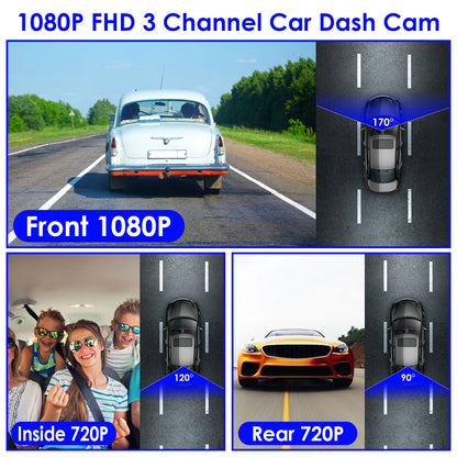 1Pc WiFi FHD 1080P Car Dash Cam 3 Channels Front Rear Inside Dash Camera With Loop Recording Reversing Visual 170 Degree Wide Angle 64G Card Included