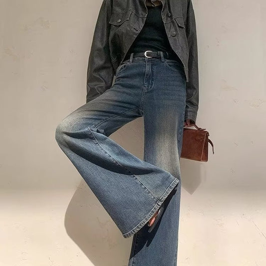 Retro Washed Blue Women's Micro-pull Mop Jeans