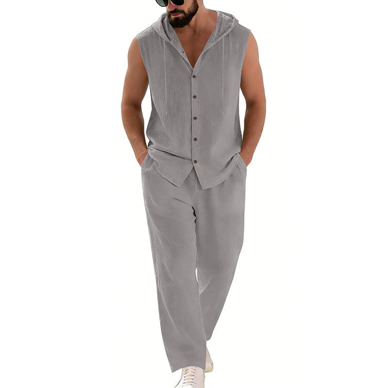 Loose-fitting Casual Hooded Sleeveless Shirt And Pants Set