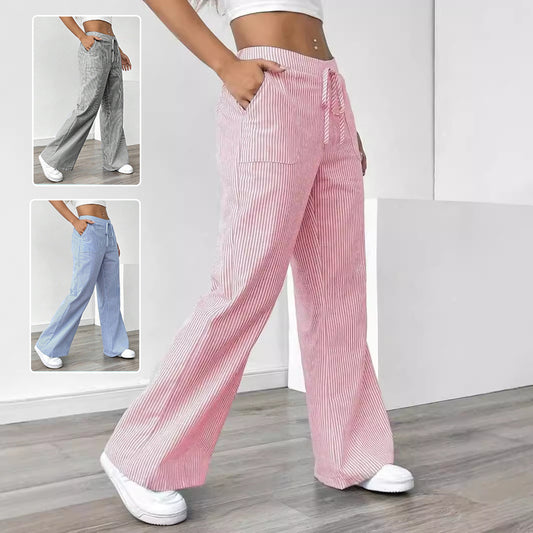 New Striped Trousers With Pockets Casual Versatile Loose Wide Leg Pants Women's Clothing