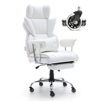 Reclining Office Chair With Footrest, Heavy Duty PU Leather Wide Office Chair, Big And Tall Executive Office Chairs With Lumbar Support, Strong Metal Base Quiet Wheels, White
