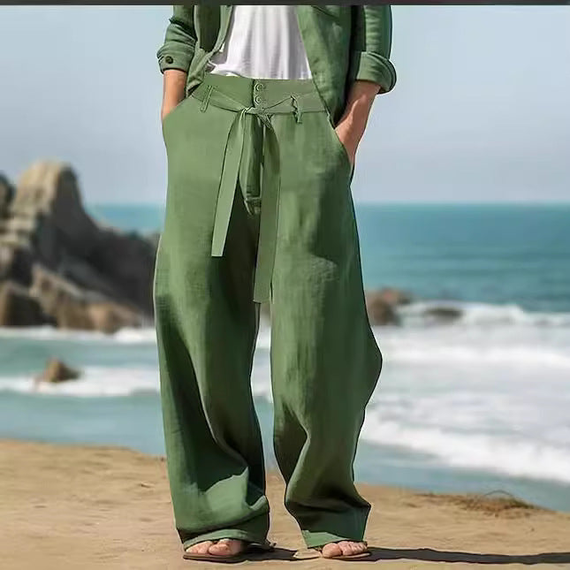 Men's Linen Belt Elastic Waist Straight Pure Color Comfort Breathable Outdoor Pants