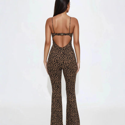 Sleeveless Leopard Print Backless Slim Fit Strap Tube Top Women's High Waist Hip Lift Jumpsuit