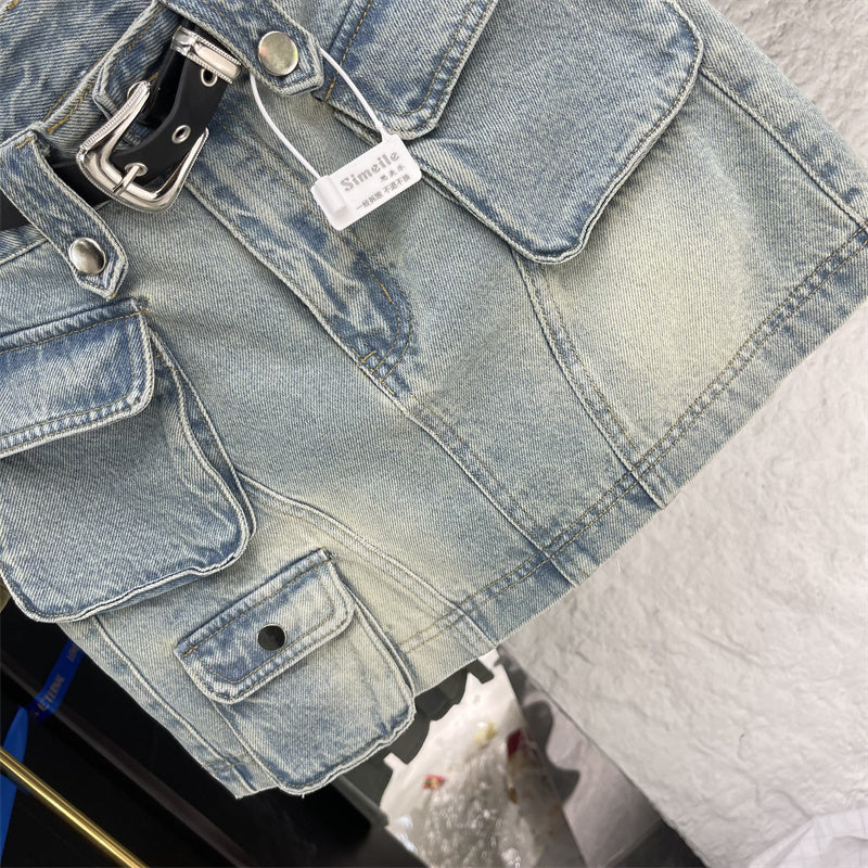 Retro Anti-exposure Workwear Multi-pocket Hip Skirt