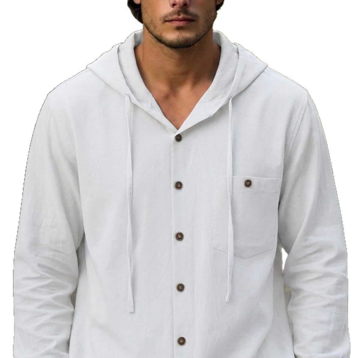 Men's Cotton-Linen Hooded-Pocket Casual Beach Long-Sleeve Shirt