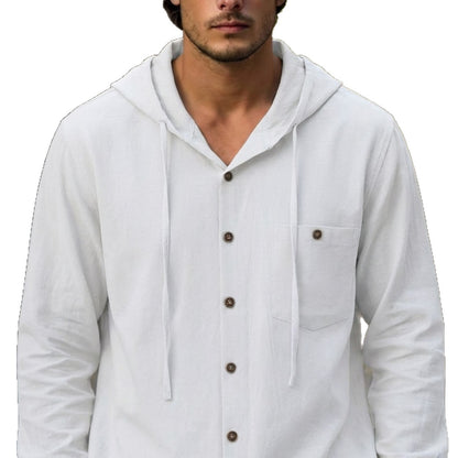 Men's Cotton-Linen Hooded-Pocket Casual Beach Long-Sleeve Shirt