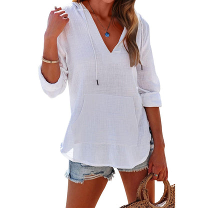 V-neck Hooded Shirt With Pockets Fashion Sports Long-sleeved Split Shirts Tops For Women Clothing