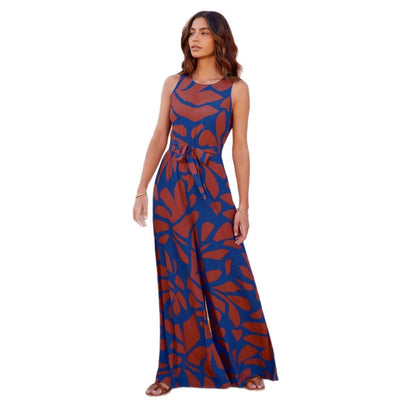 Fashion Round Neck Printed Waist-controlled Jumpsuit Women