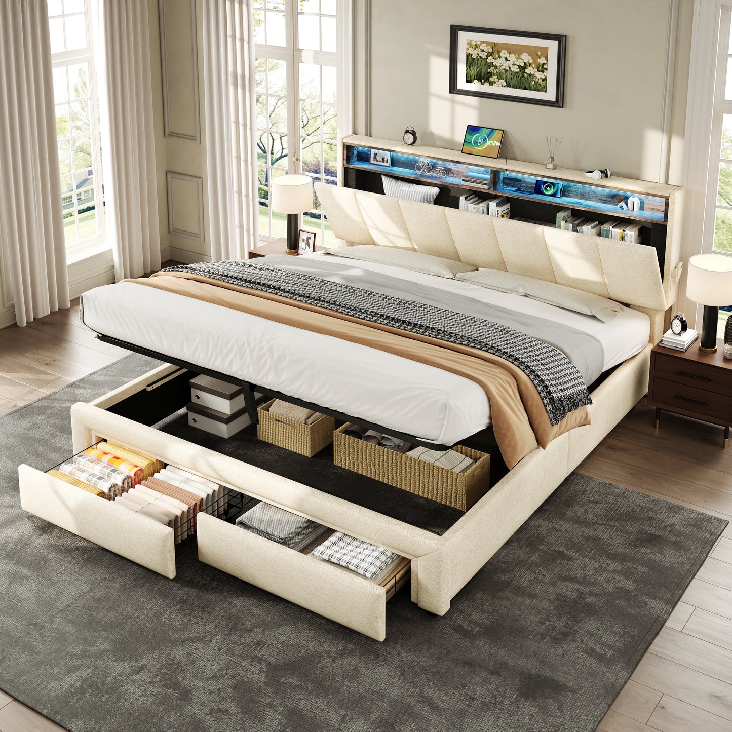 5ft King Upholstered Bed Frame With Hydraulic And Drawers Storage, LED Adjustable Headboard With Charging Station And Concealed Headboard Storage, Linen, No Box Spring Needed,Beige No Mattress